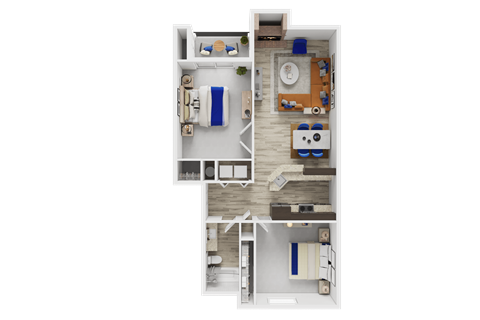 A top-down view of a small apartment layout with a kitchen, living room, and bedrooms.